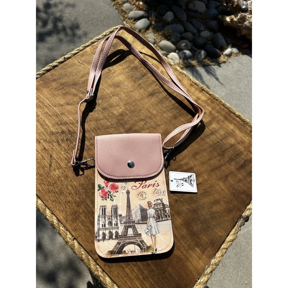 Paris Eiffel Tower Cell Phone Crossbody Bag Pink Travel Passport Purse NWT
